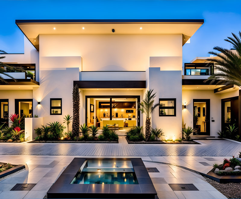 Photo of a luxurious white house surrounded by palm trees